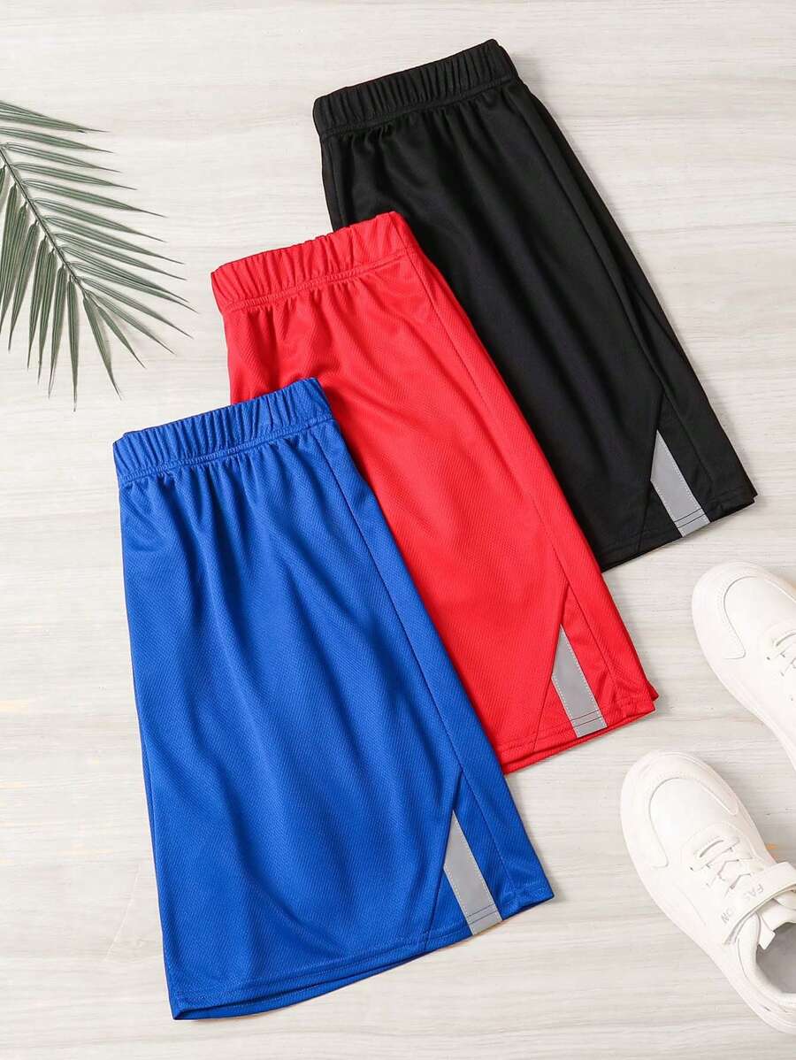SHEIN Teen Boys Casual Patchwork Reflective Webbing Shorts Black Grey Blue 3pcs Set Pants Sports - Red - View 1