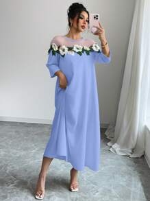 Elenzga Women Floral Applique Decor Mesh Splice Round Neck Dress - Baby Blue - View 6
