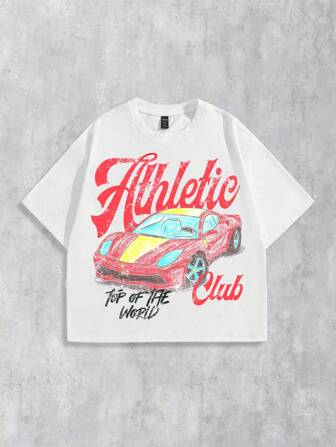 Street Life Herren Lässig Rundhals Kurzarm T-Shirt mit Buchstaben- und Rennwagen-Muster, vielseitig einsetzbar