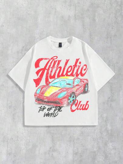 Street Life T-shirt casual à col rond à manches courtes avec impression de lettre et de voiture de course pour homme, polyvalent