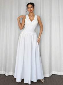 Firerie Long White Lace Patchwork V-Neck Asymmetrical Waist A-Line Dress For Women, Suitable For Commuting, Elegant, Sexy, Vacation, Beach, Hawaii, Romantic, Dating, Valentine's Day, Concerts, Wedding Season - White - View 7