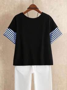 Linhara Camiseta informal para mujer de talla grande a rayas en negro y azul con contraste de color