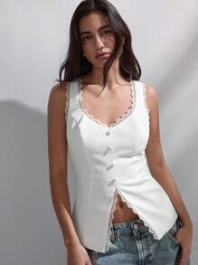 Maija 女士优雅纯色蕾丝边背心，夏季浪漫、时尚、百搭；适合夏季度假、舒适、波西米亚风格、沙滩装、泳衣罩衫、时尚、优雅、休闲、简约日常穿着 - 白色 - 查看 6