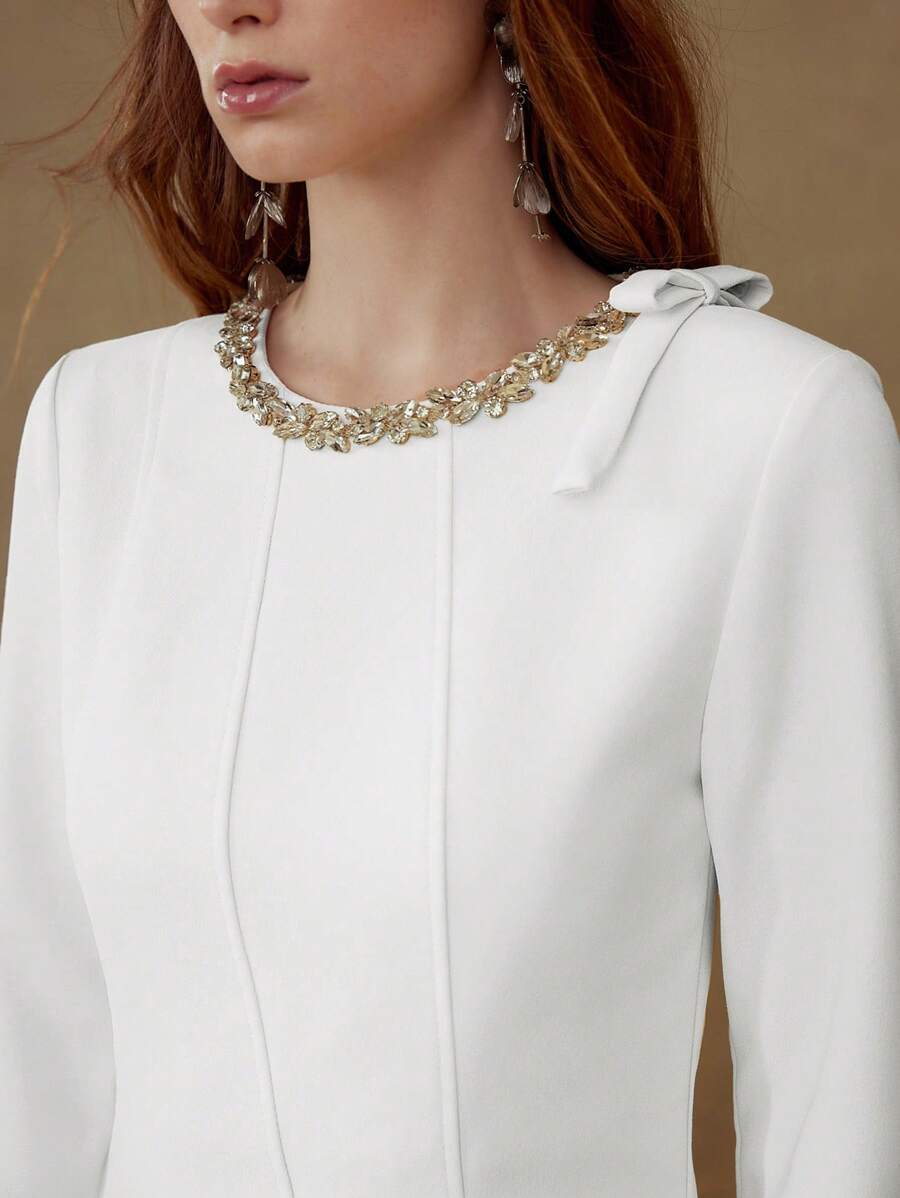 MOTF PREMIUM RHINESTONE DETAIL BOW DECOR DRESS - White - View 2