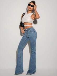 SHEIN ICON Jeans évasés casual lavés avec strass pour femmes