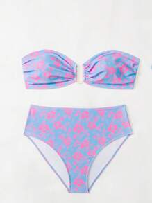 SHEIN Swim Curve 1 Set Women's Plus Size Random Print Casual Swimsuit - Black and White - View 4