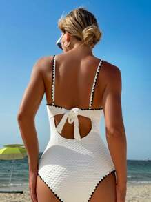 Swim Lushoire Đồ bơi một mảnh mới cho nữ, vải họa tiết màu trắng với thiết kế viền đen, nâng đỡ, có dây, thiết kế nhún eo, thích hợp cho bãi biển, khu nghỉ dưỡng, hồ bơi, phù hợp với mọi người - trắng - Xem 6