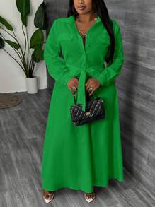 Slaydiva Slayr Slayr Fall Outfits Teacher Dress Commuter Elegance Women's Plus Size Maxi Women Dresses Long Shirt Style A-Line Dress In White - With Waist Belt