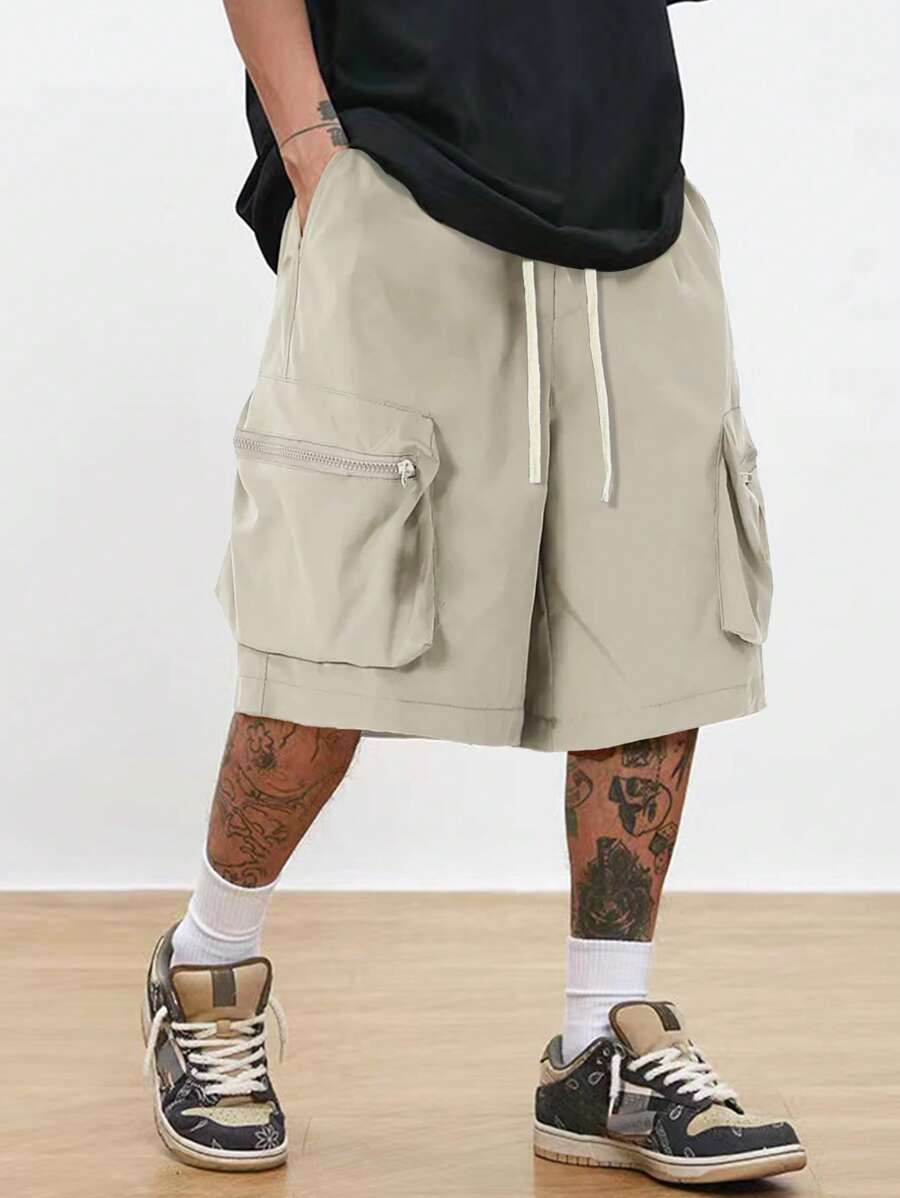 Manfinity Roghcode Men's Drawstring Waist Cargo Pocket Striped Casual Shorts Streetwear Hip-Hop, Boy Friend Gifts - Apricot - View 1