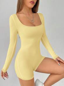 SHEIN PETITE Women Casual Solid Square Neck Unitard Romper - Yellow - View 6