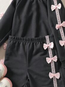 2 Stücke/Set Baby Mädchen Casual Sport süß Schleife Lockerere Bequeme Rundhals Langarm Kapuzen T-Shirt Oberteil und Shorts Set, Rosa - Verschiedenfarbig - Übersicht 5