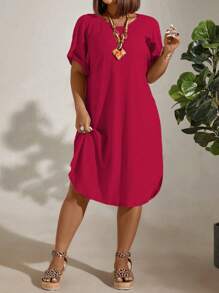 EMERY ROSE 大码女式纯色圆领短袖直筒宽松休闲连衣裙 - 玫紅色 - 查看 4
