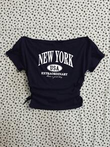 SHEIN 青少年女孩休闲百搭日常运动时尚夏季不对称肩部文字印花短款上衣返校服装