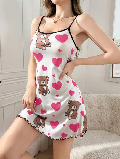 Camisón de tirantes con estampado de corazón de oso, simple y de moda, adecuado para el verano