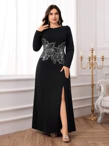 Modelyn Vestido elegante con rhinestones y floral dividido de talla grande - Negro - Ver 5