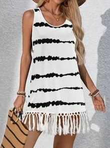 Swim Lushoire 女式夏季条纹印花流苏下摆无袖罩衫连衣裙 - 白色 - 查看 3