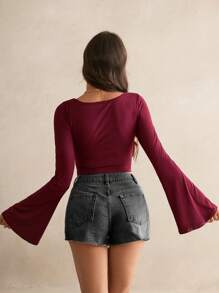 SHEIN Tall Women Solid Color Round Neck Flared Sleeve Slim Fit T-Shirt - Burgundy - View 4