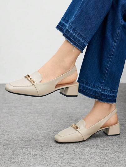 CUCCOO BIZCHIC 女士方头粗跟金属链装饰凉鞋，时尚简约高跟鞋，适合夏季日常、旅行、通勤、复古风格