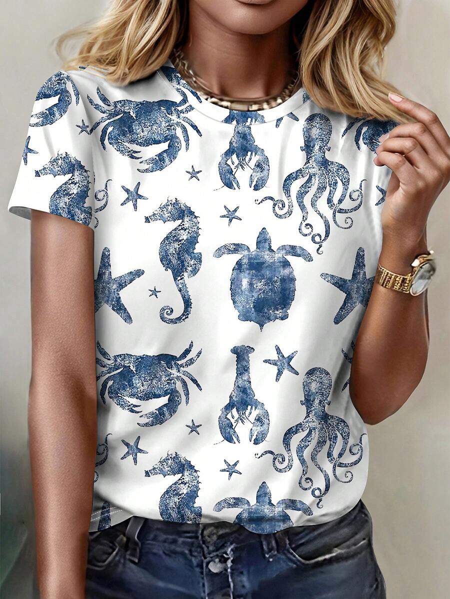 Women Summer Vacation Sea Life Themed Turtle, Octopus, Crab Digital ...
