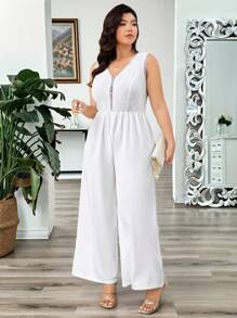 Calvaya Plus Size Women V-Neck Sleeveless Lace Patchwork Elegant Office Jumpsuit