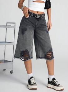 SHEIN Cottnline Women's Casual Black Denim Bermuda Shorts With Distressed Detailing And Button Closure - Black - View 4