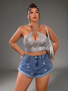 SHEIN ICON Plus Size Women Pocket Rolled Hem Rhinestone Detail High Waist Denim Shorts