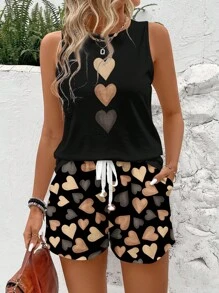 SHEIN LUNE Bộ 2 món Ngày của Mẹ, giản dị & tối giản, họa tiết trái tim cỡ lớn, phù hợp cho mùa hè - Nhiều màu - Xem 1