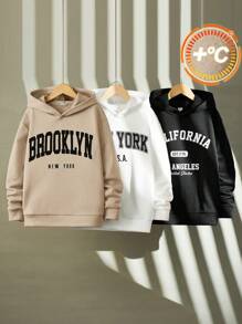 SHEIN Leap Crew 3 piezas Sudaderas informales con gráfico de letra para niño preadolescente, apropiadas para ir y venir, escuela, uso diario casual, vacaciones, deporte, temporada de otoño/invierno, ropa de otoño - Caqui - Ver 3