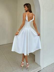 Aloruh Women's Elegant French Style Solid Color Slim Fit Waist Cinched Spaghetti Strap Midi Dress, Suitable For Vacation Women White Dress Women Summer Dress - White - View 2