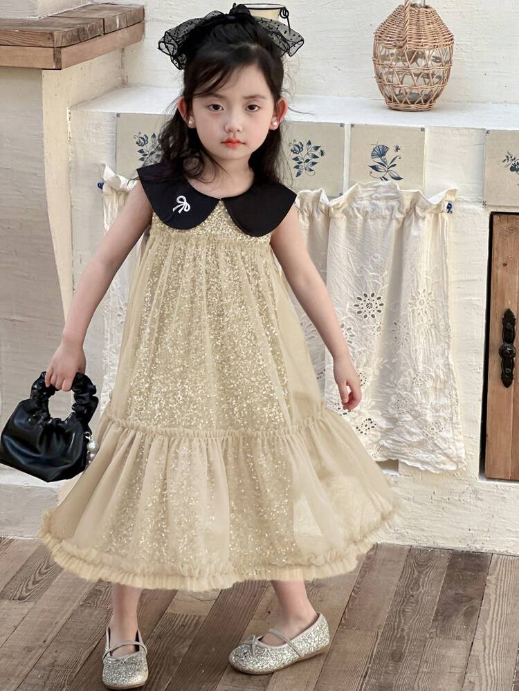 Young Girl Elegant Colorblock Sequin Mesh Collar Summer Dress