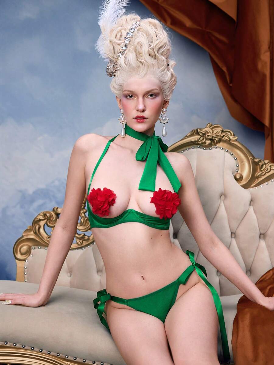 Vintage sexy Blumen bedruckter Bustier mit Schleife und Panty Dessous Set für Frauen