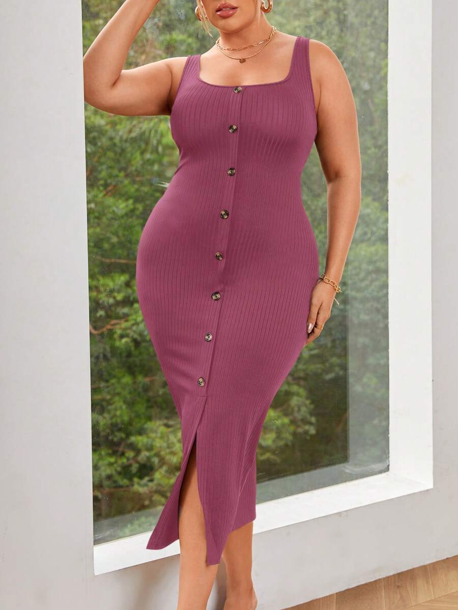 SHEIN Essnce 大码女式方领纽扣装饰下摆开叉条纹纹理吊带背心连衣裙