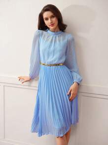 MOTF Classy SHEER ROUND NECK PLEATED SUMMER DRESS - Blue - View 3