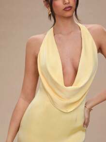 SHEIN BAE Quần áo mùa hè cho phụ nữ màu vàng trơn cổ khoét sâu hở lưng bằng vải satin mini cho nữ/váy cho nữ/váy dạ hội/váy tốt nghiệp/váy dự tiệc cưới cho nữ/váy vàng bơ,váy mùa hè cho nữ - Màu vàng - Xem 7