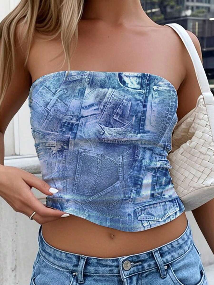 INAWLY Women's Fashionable Denim Effect Crop Top - Multicolor - View 1