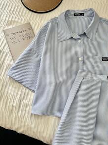 Comfortcana 2pcs Blue & White Striped Crop Top And Skirt Set, Plus Size - Blue - View 3