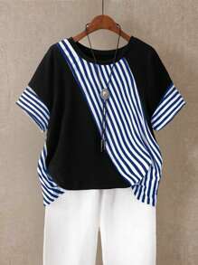 Linhara Camiseta informal para mujer de talla grande a rayas en negro y azul con contraste de color