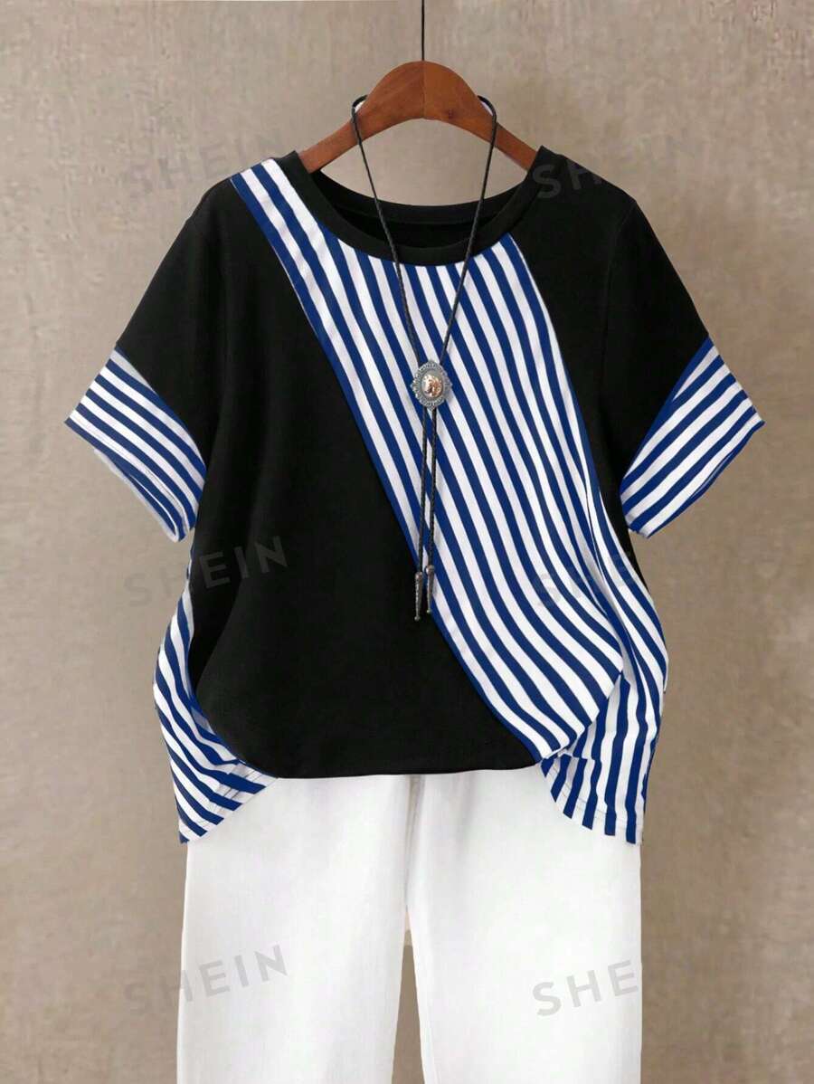 Linhara Camiseta informal para mujer de talla grande a rayas en negro y azul con contraste de color