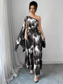 Selianne 随机剪裁花卉印花优雅腰部扭结设计女士无袖连衣裙，时尚度假装 - 灰色 - 查看 3