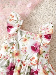 SHEIN 女婴 2 件套夏季连衣裙，带短袖、细肩带、可爱水彩花卉印花和发带