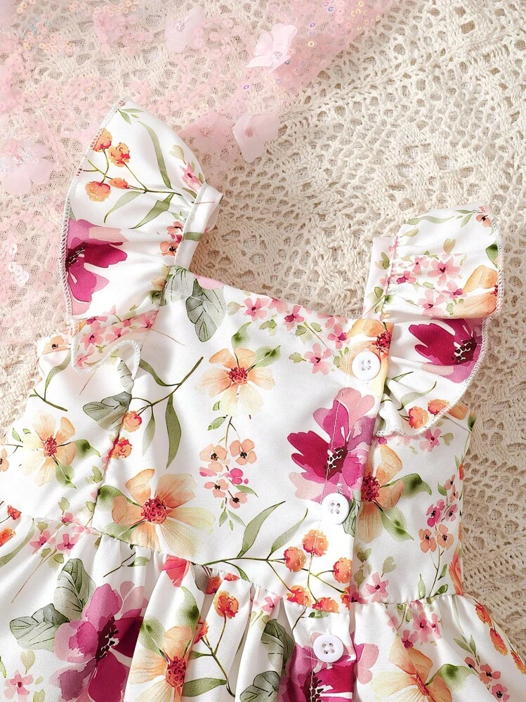 SHEIN Set de 2 piezas para bebé niña: vestido de verano con mangas de capa, tirantes de espagueti, estampado floral acuarelado encantador y diadema - Multicolor - Añade 5