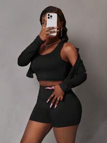 Slaydiva Set de 3 piezas: Top de manga larga ajustado con cremallera media, top corto sin mangas y shorts deportivos casuales de verano para mujer