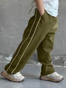 SHEIN Leap Crew 2 件套年轻男孩休闲运动套装 - 带抽绳装饰的运动裤，柔软舒适，适合日常穿着、上学、郊游、运动，适合春季、夏季、秋季、冬季