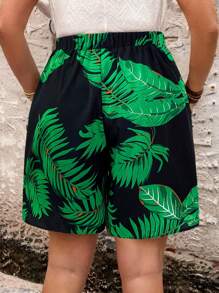EMERY ROSE Plus Size Women's Tropical Plant Printed Loose Shorts With Pockets, Great For Vacations And Western Wear Women - Green - View 2