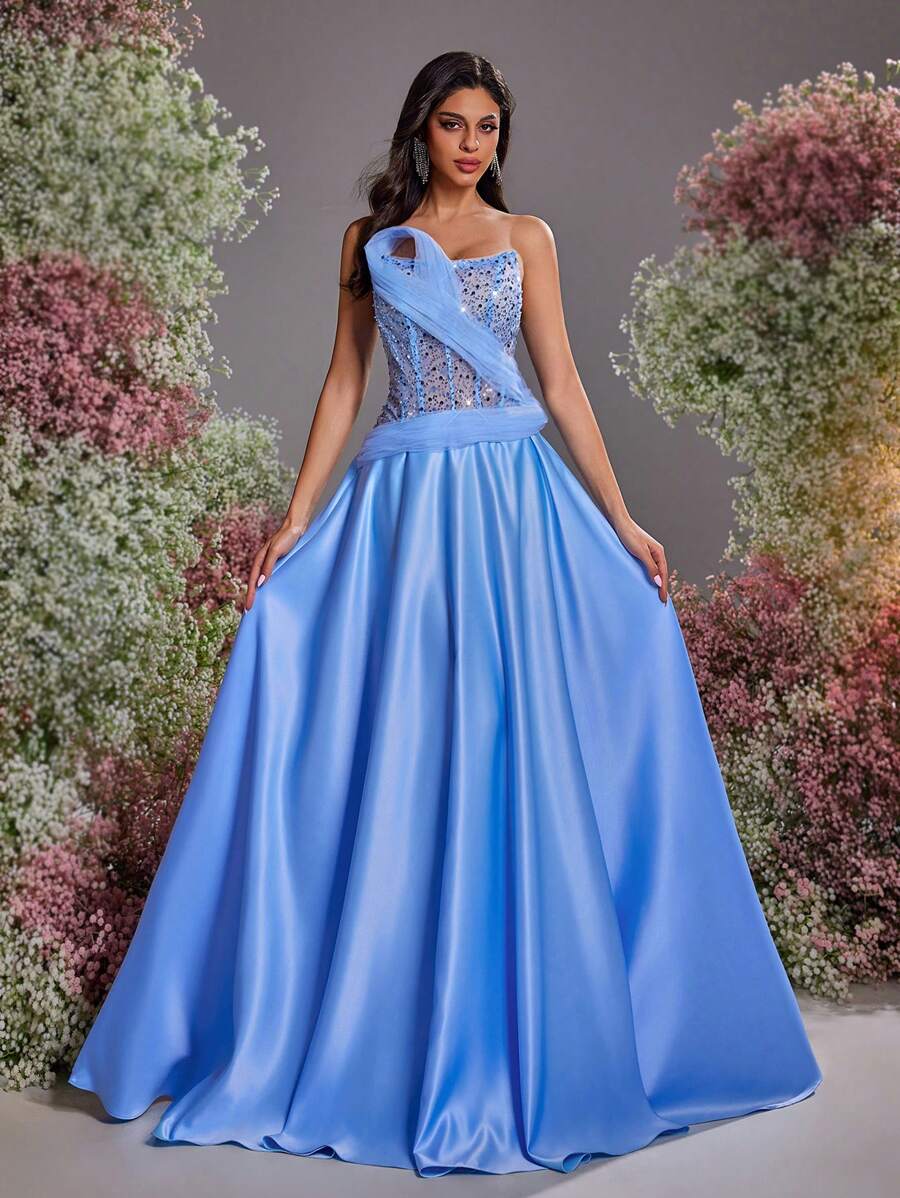 Glamrae Elegant Light Blue Luxurious Three-Dimensional Beaded Mesh See-Through Fishbone Patch Tube Top 3D Three-Dimensional Shape Hem Spliced ​​Glossy Satin A-Line Skirt Suitable For Graduation Back-To-School Season Wedding Events Wedding Guests Birthday Coming Of Age Ceremony Heavy Industry Dinner Ball Dress - Baby Blue - View 1