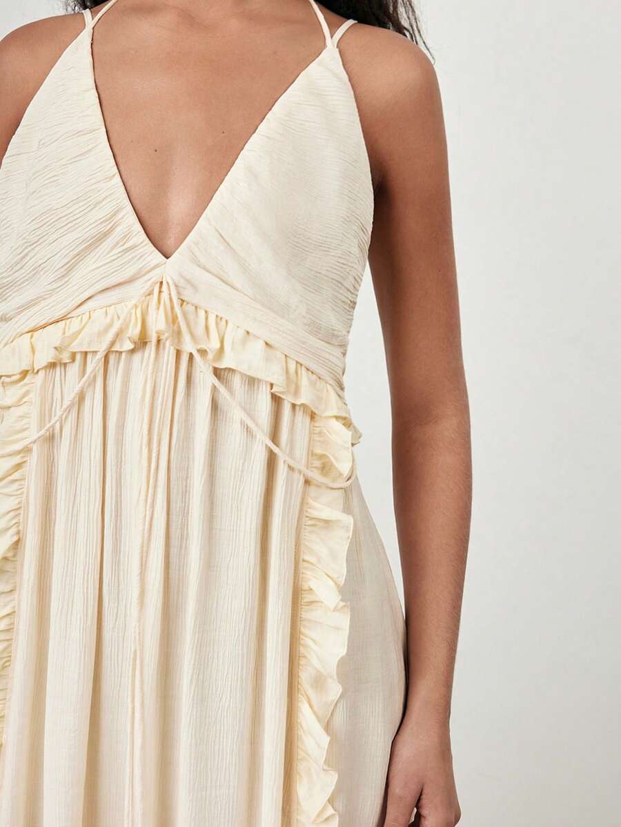 Maija Women's Elegant Solid Color Ruffle Strap Long Dress, Summer - Apricot - View 1