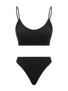 Ocili Leisure Seamless Solid Color Textured Women Camisole Bra And Thong Lingerie Set - Black - View 3