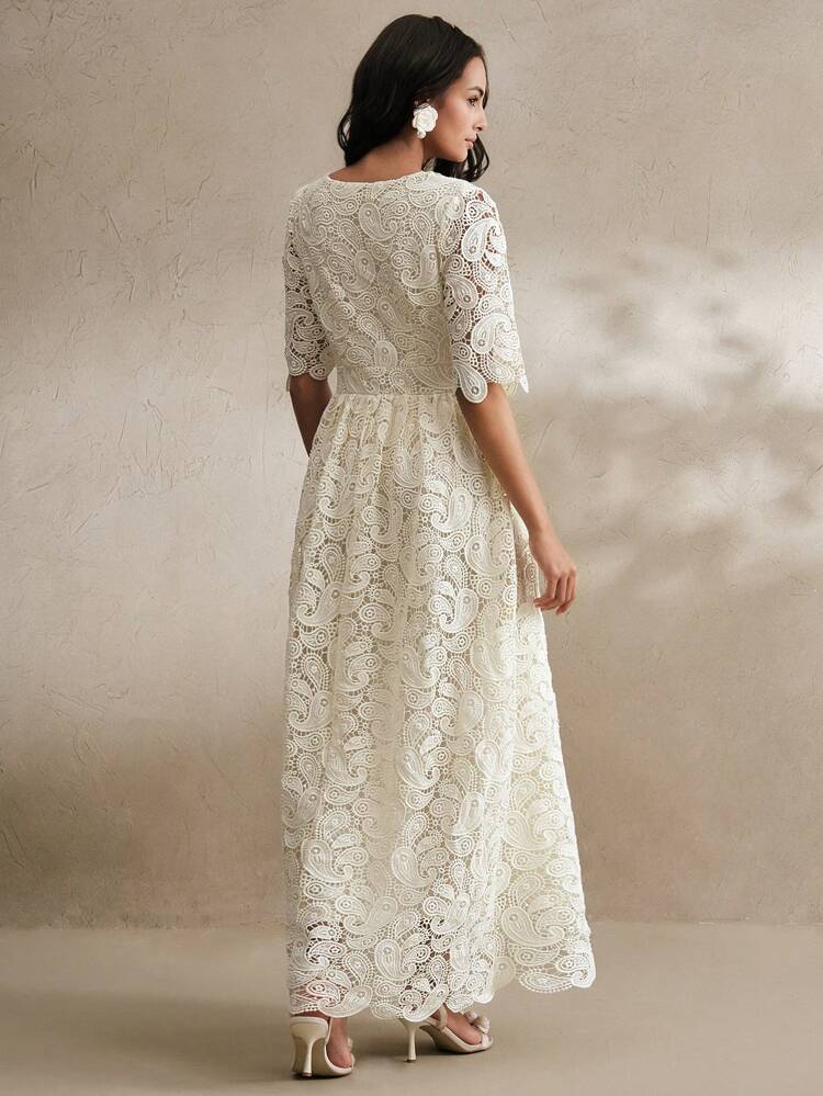 Elegant, Fashionable V-Neck Wavy-Edged Sleeve Cashew Flower Hollow Sheer Texture Waist-Cinched Slimming Long Dress, Suitable For Valentine's Day, Summer Beach Vacation, Spring Outfits For Women