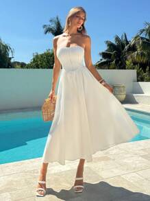 Aloruh Women's Elegant Fit And Flare White Midi Dress,Summer Lace Trim A-Line Graduation Dresses,Wedding Guest Dress,Holiday Tropical Vacation Solid Colour - White - View 7