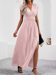 SHEIN Clasi Women's V-Neck Ruched Waist Split Elegant Fashion Dress Maxi Women Outfit - Pink - View 4